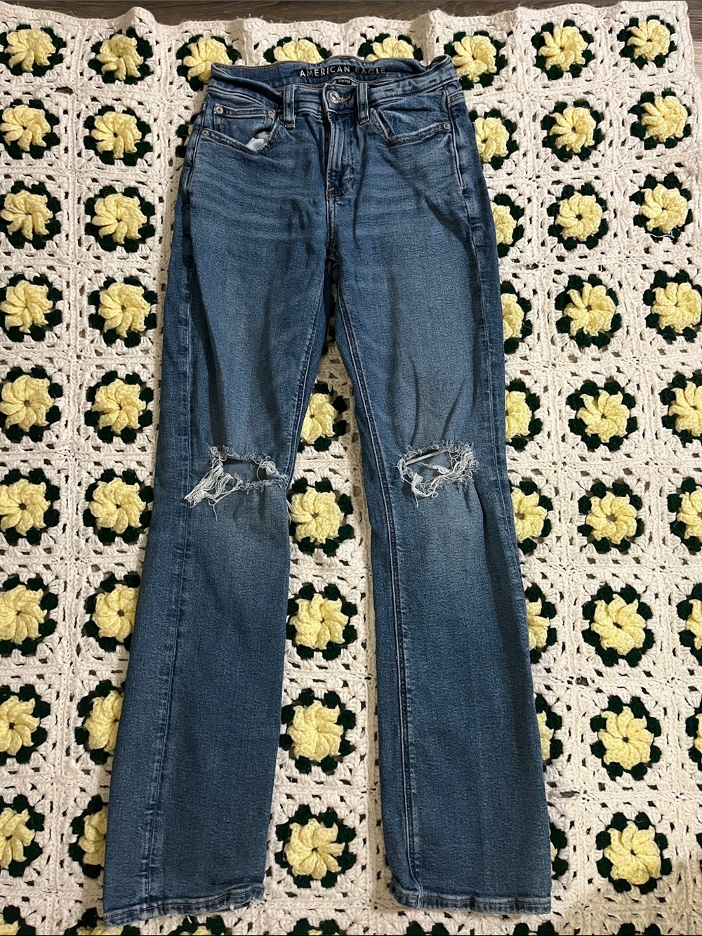 American Eagle Outfitters Women's Blue Distressed Flare Jeans
